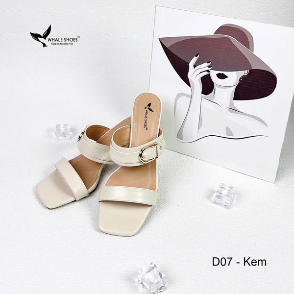 Dép cao gót 5cm mũi vuông, đính khóa trang trí thanh lịch, mang cực êm chân, đế chống trơn trượt- Whale Shoes D07