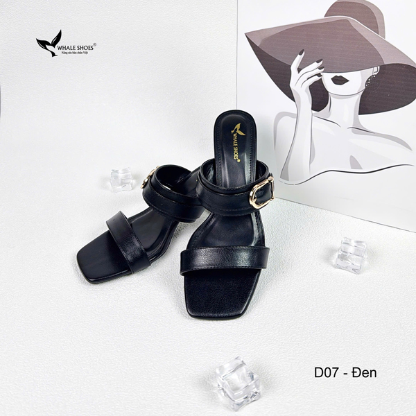 Dép cao gót 5cm mũi vuông, đính khóa trang trí thanh lịch, mang cực êm chân, đế chống trơn trượt- Whale Shoes D07