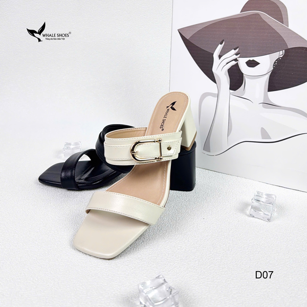 Dép cao gót 5cm mũi vuông, đính khóa trang trí thanh lịch, mang cực êm chân, đế chống trơn trượt- Whale Shoes D07