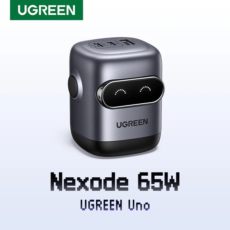 Sạc điện thoại 3 cổng USB-C và USB-A GaN 65W màu đen xám tạo hình robot chân cắm dẹt Ugreen (45001)