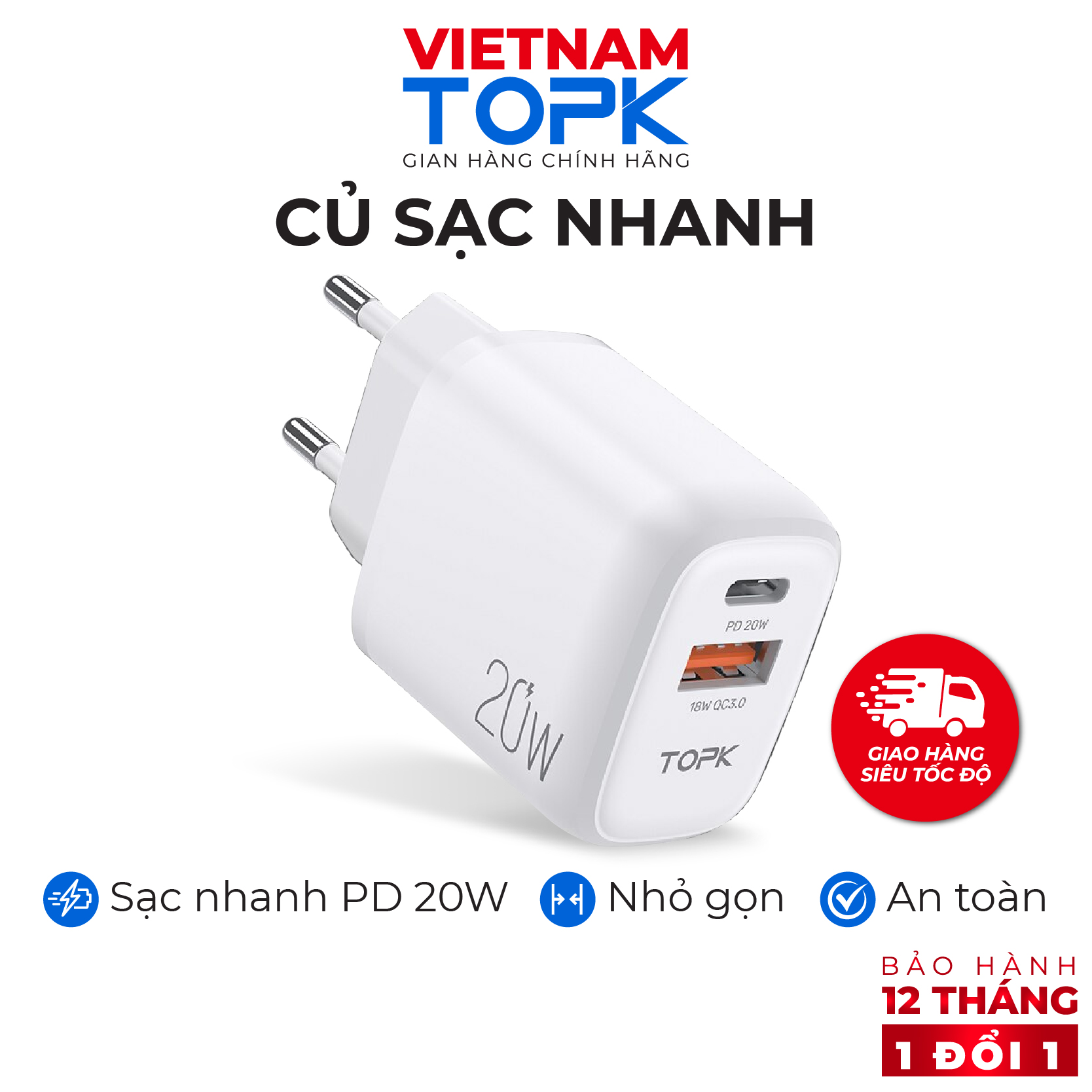 Củ sạc nhanh B210P Sạc nhanh PD QC 3.0 20W1 - 1 Cổng USB 2.0 + 1 Cổng Type C - Hãng chính hãng - Bảo hành 12 tháng