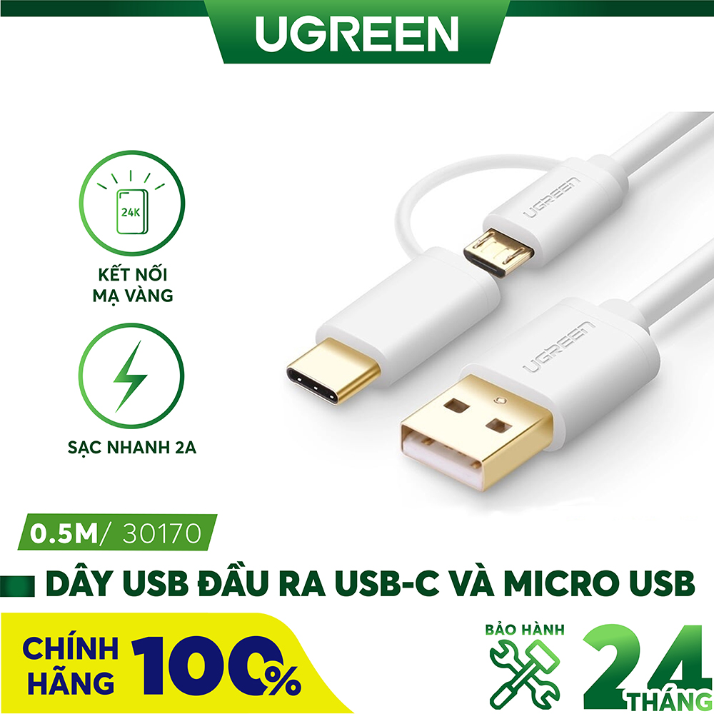 Dây USB đa năng 2 trong 1 đầu ra Micro-USB và USB Type C dài 0.25-2M UGREEN US142 - Đen-2