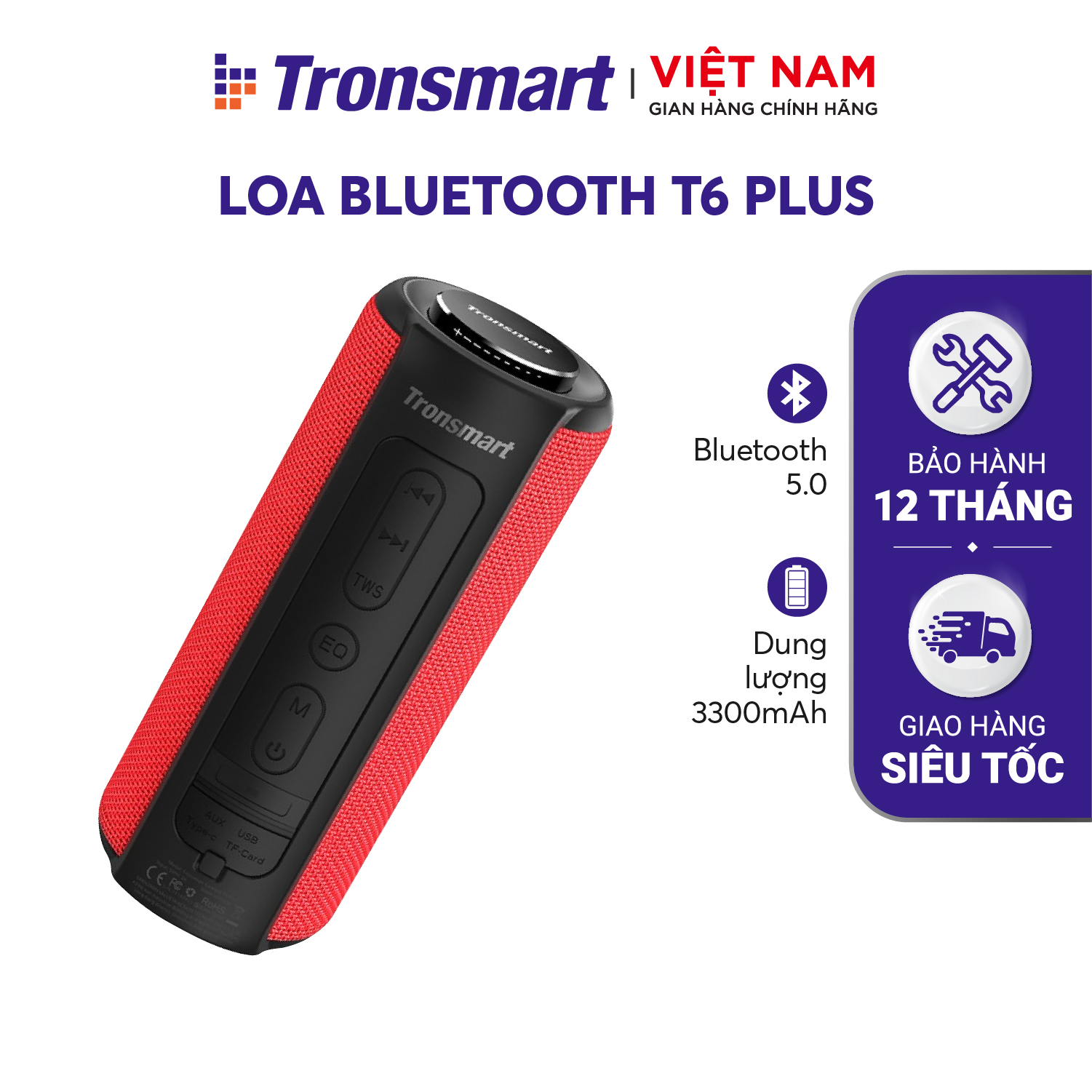 Loa Bluetooth 5.0 Tronsmart T6 Plus / T6 Plus Upgraded Công suất 40W Hỗ trợ TWS ghép đôi 2 loa - Âm thanh vòm âm bass sâu và trầm với 3 chế độ EQ - Kháng nước IPX6 Thời gian nghe nhạc lên tới 24h Hàng phân phối chính hãng