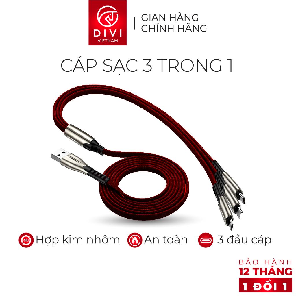 Dây cáp sạc 3 trong 1 - DIVI P442 - Vỏ bện nylon - Hàng phân phối chính hãng - Bảo hành 12 tháng