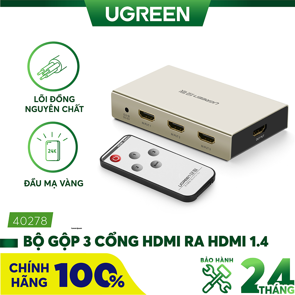 Bộ gộp 3 cổng HDMI ra 1 HDMI 1.4 UGREEN 40278 - Hỗ trợ 4k * 2k 3D vỏ hợp kim kẽm có remote điều khiển