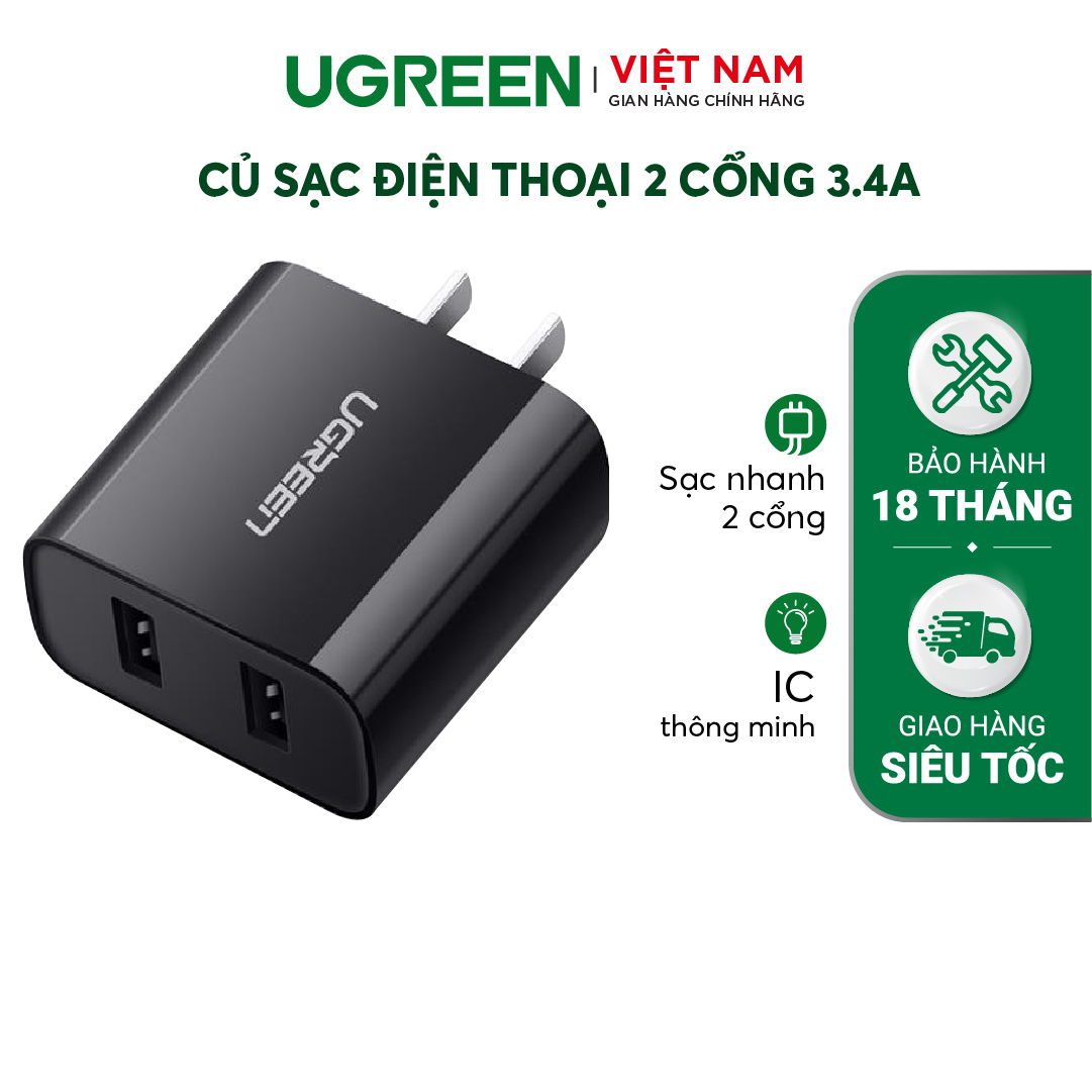 Củ sạc điện thoại 2 cổng 3.4A UGREEN CD104 20575 & 20576 – Hàng phân phối chính hãng - Bảo hành 18 tháng.