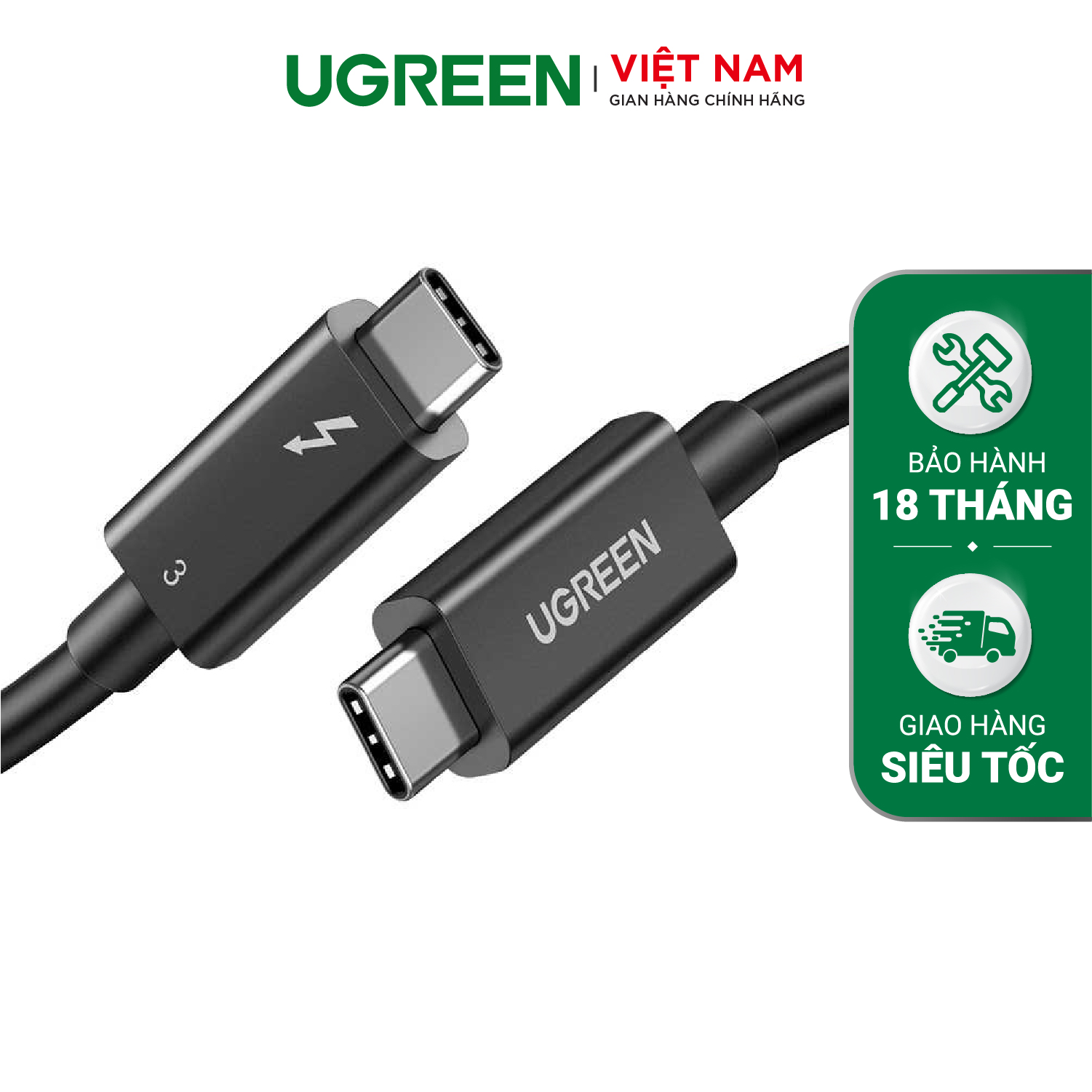 Cáp Thunderbolt 3 Gen 3 UGREEN US341 - Tốc độ truyền 40Gbps, sạc nhanh PD100W - Hỗ trợ xuất hình ảnh 5K@60Hz - Đen-0.5m