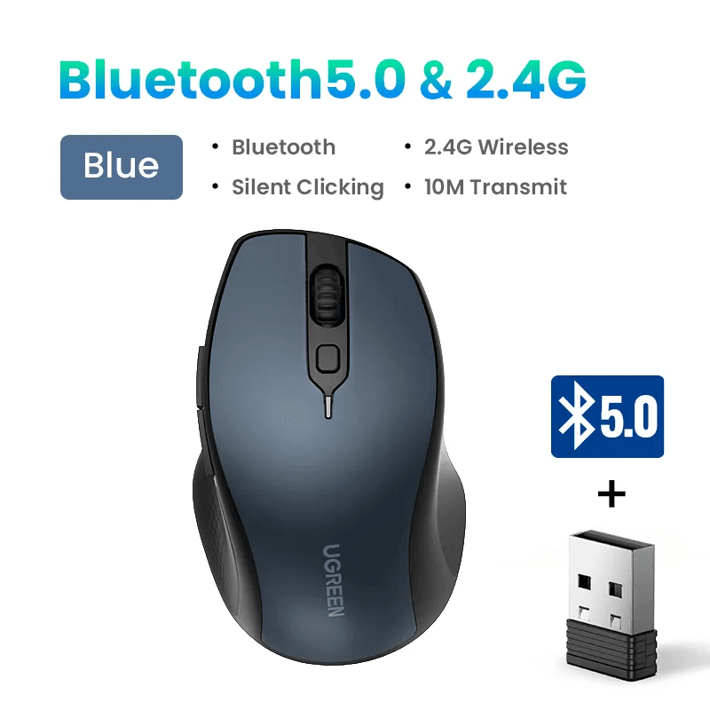 Chuột không dây 2,4Ghz + Bluetooth dùng cho máy tính, laptop chất liệu nhựa ABS, màu xanh Ugreen (15807)
