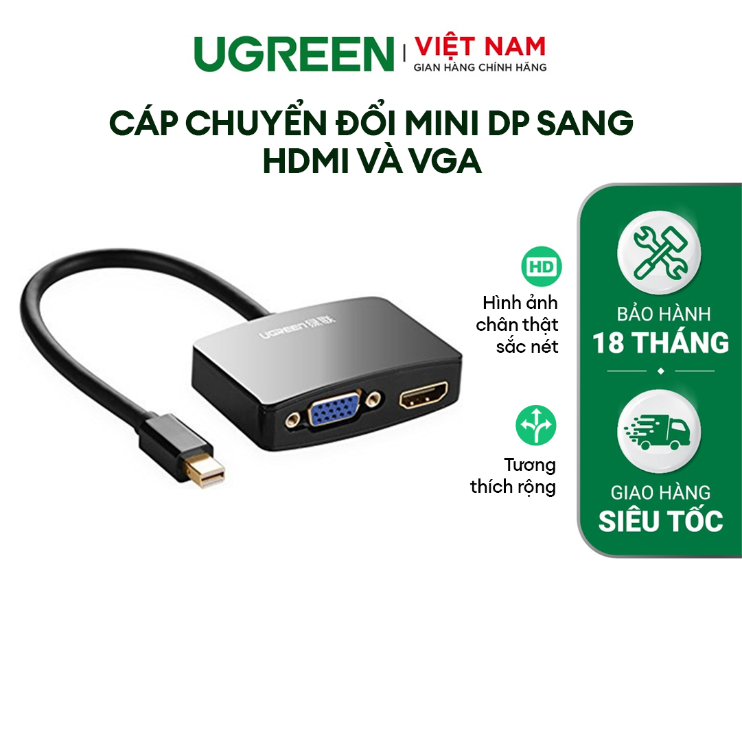 Cáp chuyển mini DP sang HDMI và VGA dài 15CM UGREEN MD108 - Đen