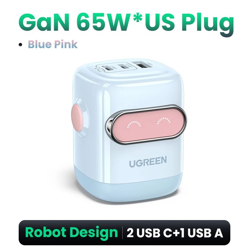 Sạc điện thoại 3 cổng USB-C và USB-A GaN 65W màu đen xám tạo hình robot chân cắm dẹt Ugreen (45001)