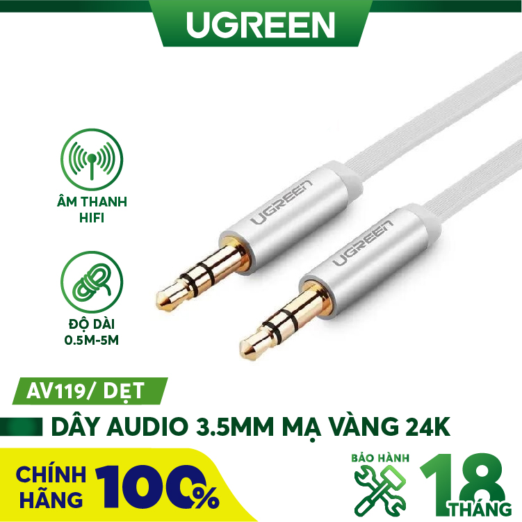 Dây Audio 3.5mm 2 đầu đực dạng cáp tròn mạ Vàng 24K TPE  UGREEN AV119 - Dài 5m-10737