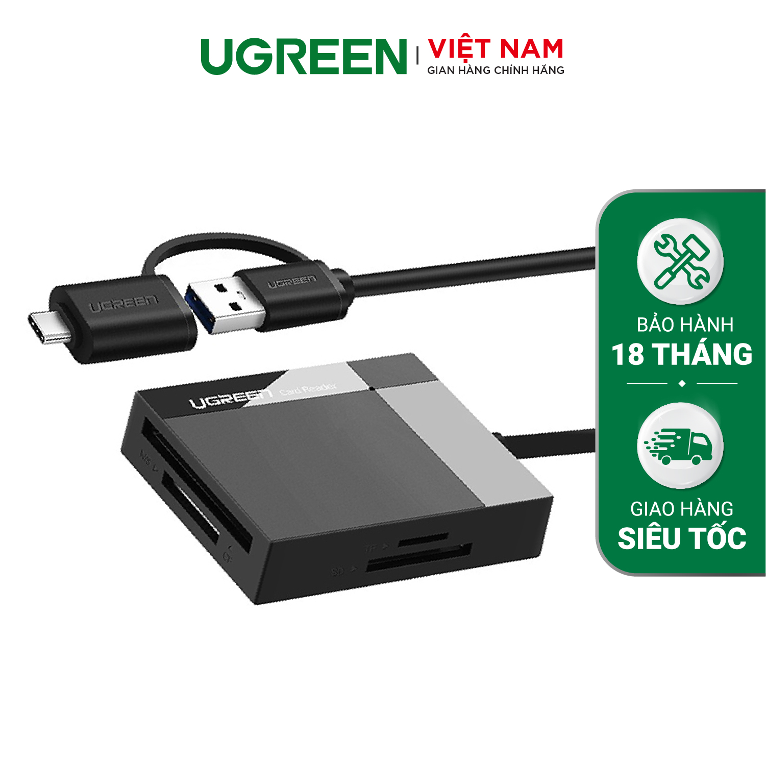 Đầu đọc thẻ USB 3.0 UGREEN CR125 Hỗ trợ thẻ TF/SD/CF/MS - Tốc độ truyền dữ liệu 5Gbps, hỗ trợ tải dung lượng lớn