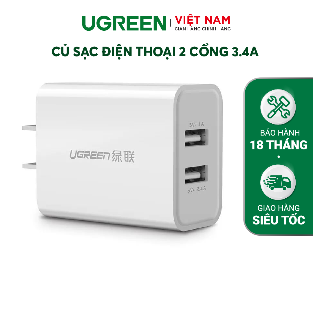 Củ sạc điện thoại 2 cổng 3.4A UGREEN CD104 20575 & 20576 – Hàng phân phối chính hãng - Bảo hành 18 tháng.
