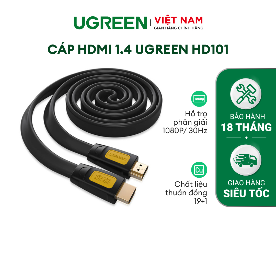 Dây cáp HDMI 2.0 4K60Hz UGREEN HD101 thuần đồng 19+1 dài 1.5m 2m 3m - Tương thích với SmartTV đầu DVD Set top box máy chiếu - Dẹt-3m-11186