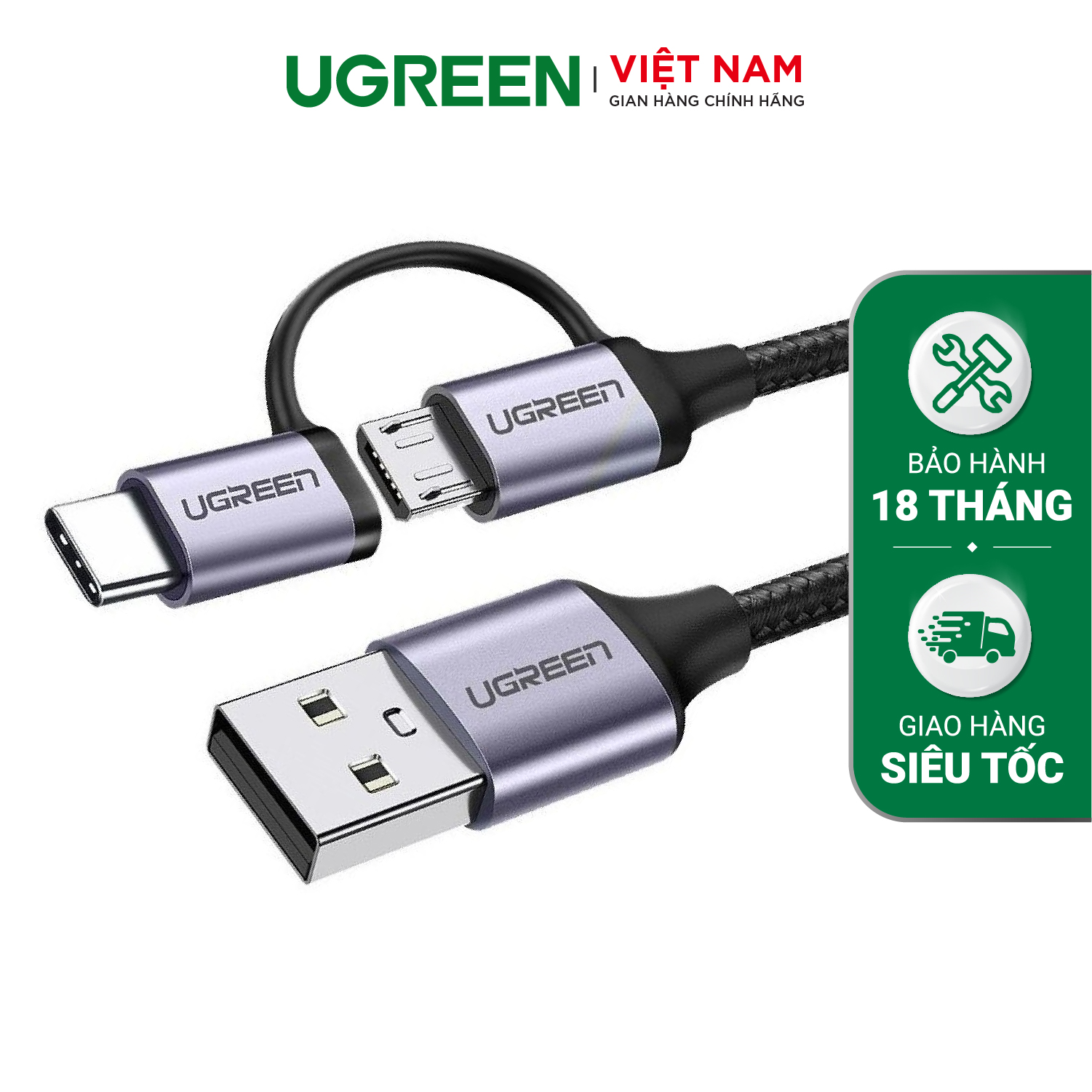 Cáp sạc và truyền dữ liệu 2 trong 1 UGREEN US177 - USB2.0 sang (Micro USB + Đầu chuyển Type C) - Tương thích rộng
