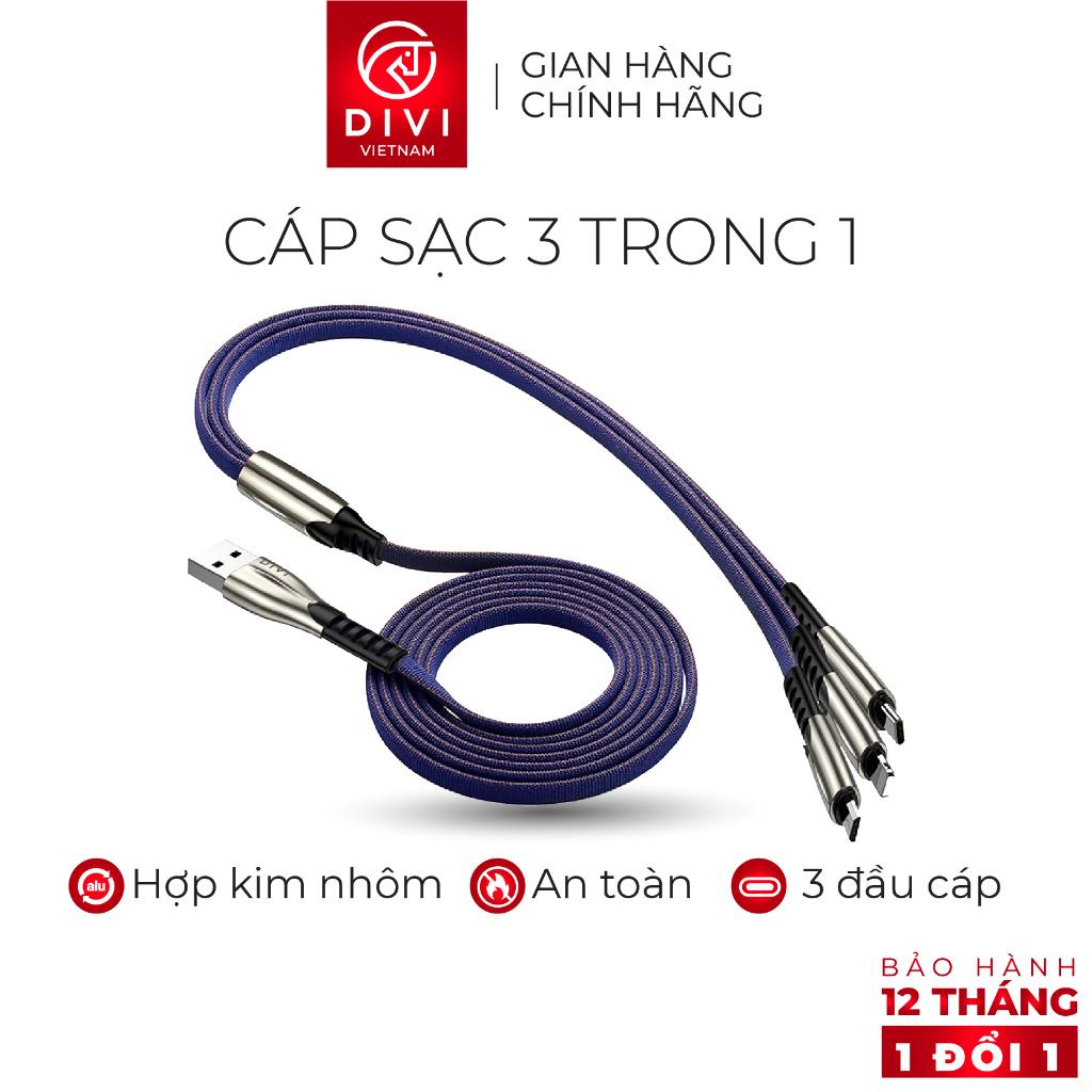 Dây cáp sạc 3 trong 1 - DIVI P442 - Vỏ bện nylon - Hàng phân phối chính hãng - Bảo hành 12 tháng