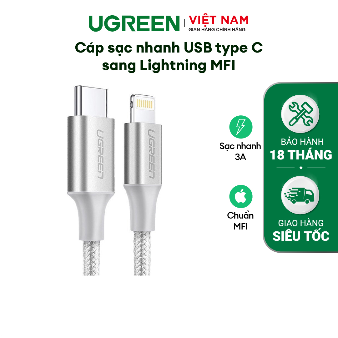 Cáp sạc nhanh iPhone UGREEN US304 - Sạc nhanh PD100W, đạt chuẩn Mfi - Đầu cáp vuông góc chống gập gãy - Xanh đen-Kiểu C- lightning-1
