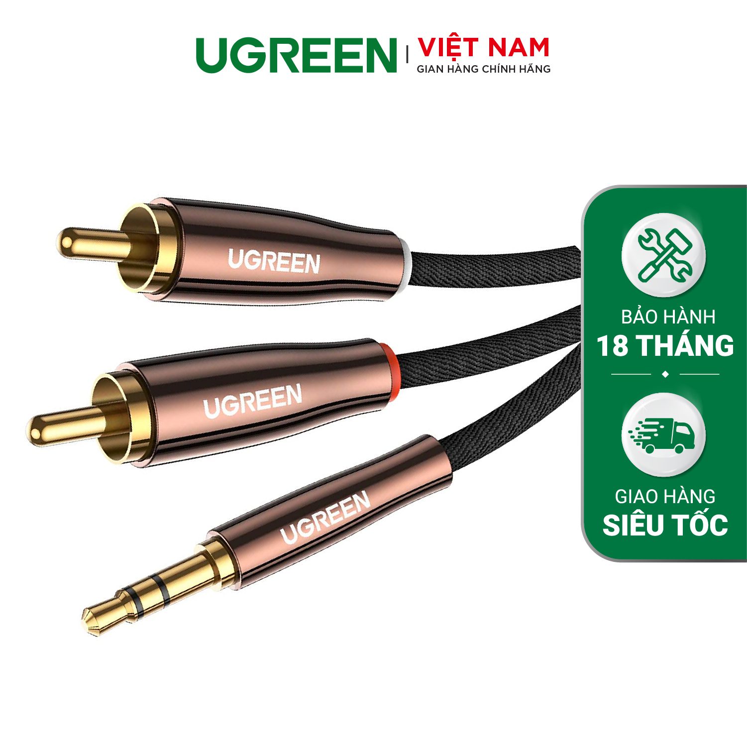 Dây âm thanh 3.5mm sang 2 đầu RCA UGREEN AV170 - Đầu cắm mạ kim loại chống mài mòn, tăng khả năng tiếp xúc - Dây bện nylon chống rối - 80846-1.5m
