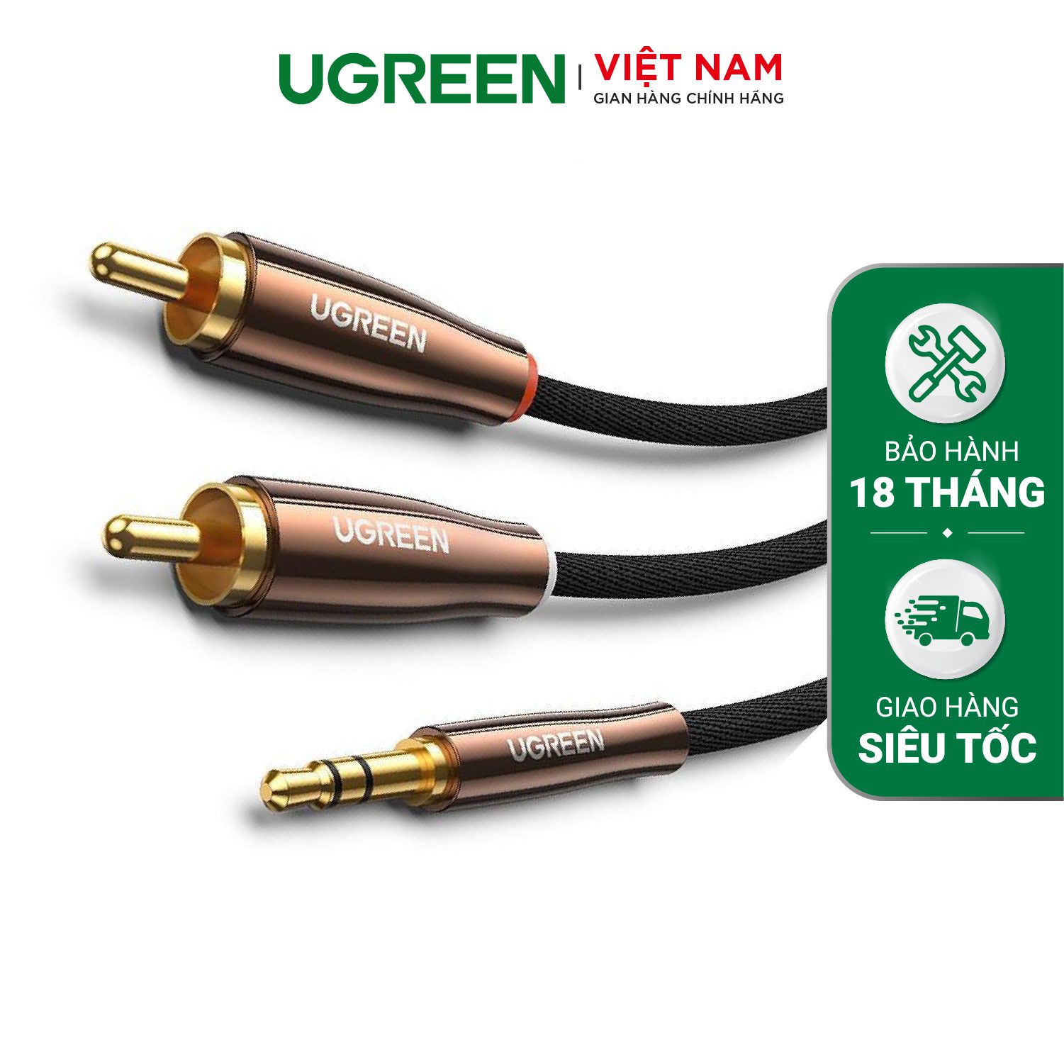 Dây âm thanh 3.5mm sang 2 đầu RCA UGREEN AV170 - Đầu cắm mạ kim loại chống mài mòn, tăng khả năng tiếp xúc - Dây bện nylon chống rối - 80846-1.5m