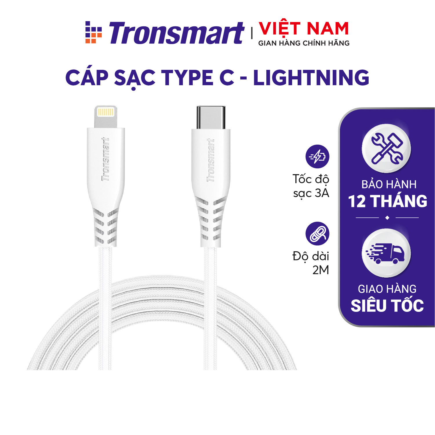 Cáp sạc USB-C sang Lightning nylon bện, hỗ trợ sạc nhanh PD cho các thiết bị iOS của bạn, bao gồm iPhone XS / XS Max / XR, iPhone X / 8/8 Plus Dài 1.2m Tronsmart - Hàng chính hãng - Bảo hành 12 tháng