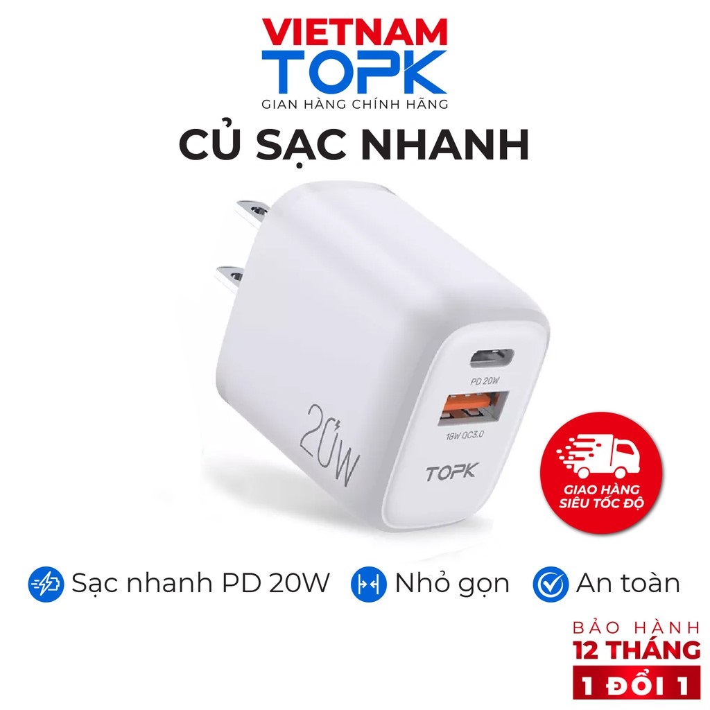 Củ sạc nhanh B210P Sạc nhanh PD QC 3.0 20W1 - 1 Cổng USB 2.0 + 1 Cổng Type C - Hãng chính hãng - Bảo hành 12 tháng