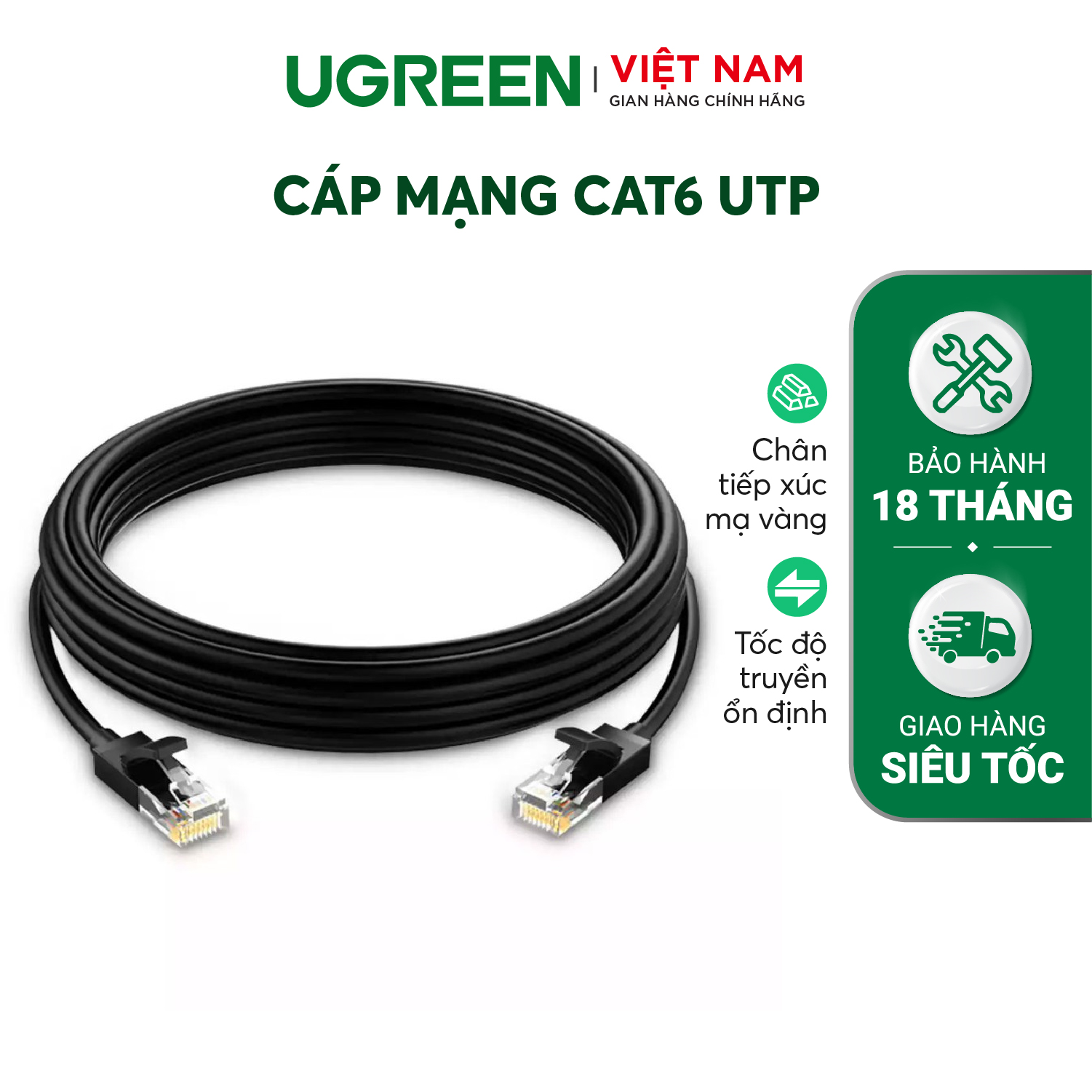 Cáp mạng Cat6 UGREEN NW102 Lõi thuần đồng 26AWG CCA sử dụng trên các mạng Ethernet / RJ45 - màu đen 40m