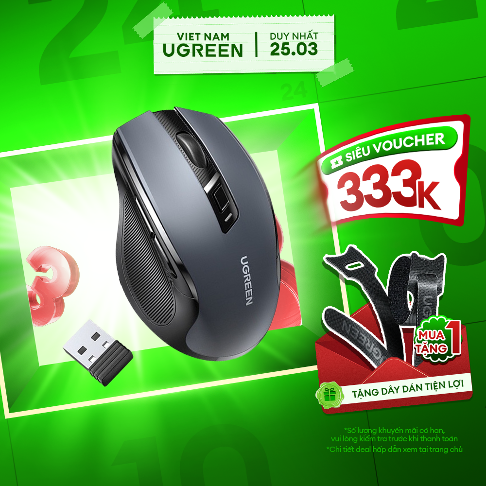 UGREEN MU006 Chuột không dây dùng cho máy tính, laptop chất liệu nhựa ABS, màu xanh 2.4Ghz Kèm Pin AA