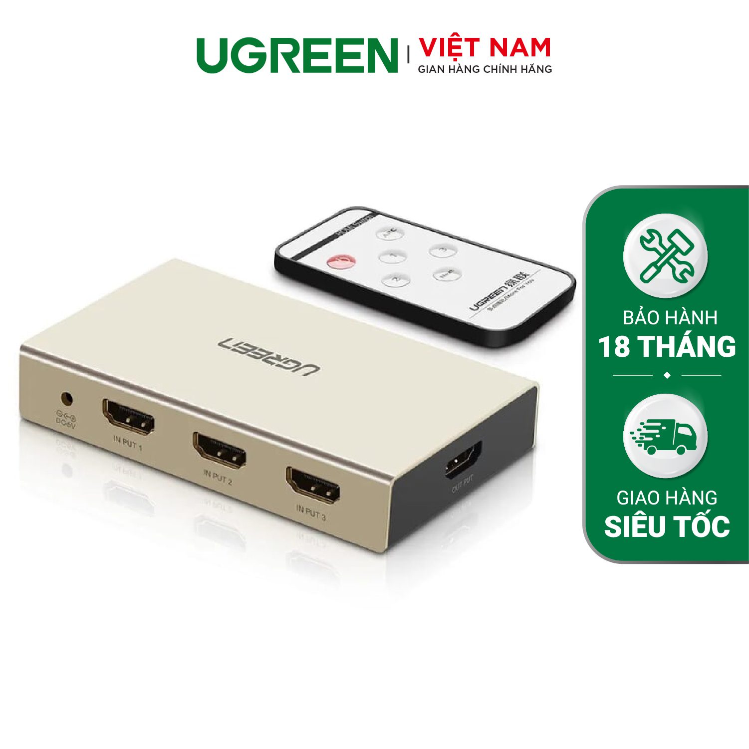 Bộ chuyển mạch HDMI UGREEN MM129 Chuyển 3 vào 1 và 5 vào 1 ra - Hỗ trợ độ phân giải 4K3D - Hỗ trợ Optical + Audio 3.5mm - 40526-3 vào 1 ra-chuẩn EU