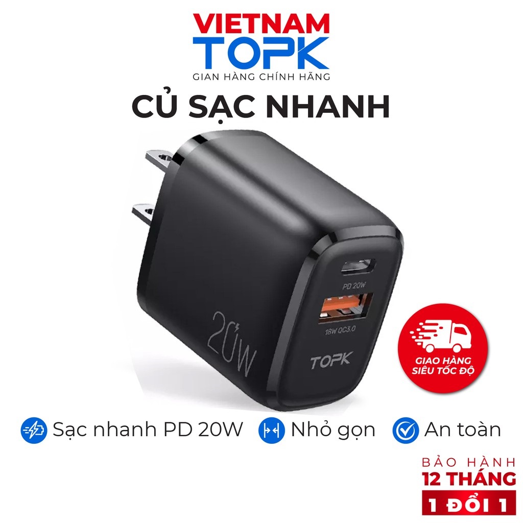 Củ sạc nhanh B210P Sạc nhanh PD QC 3.0 20W1 - 1 Cổng USB 2.0 + 1 Cổng Type C - Hãng chính hãng - Bảo hành 12 tháng