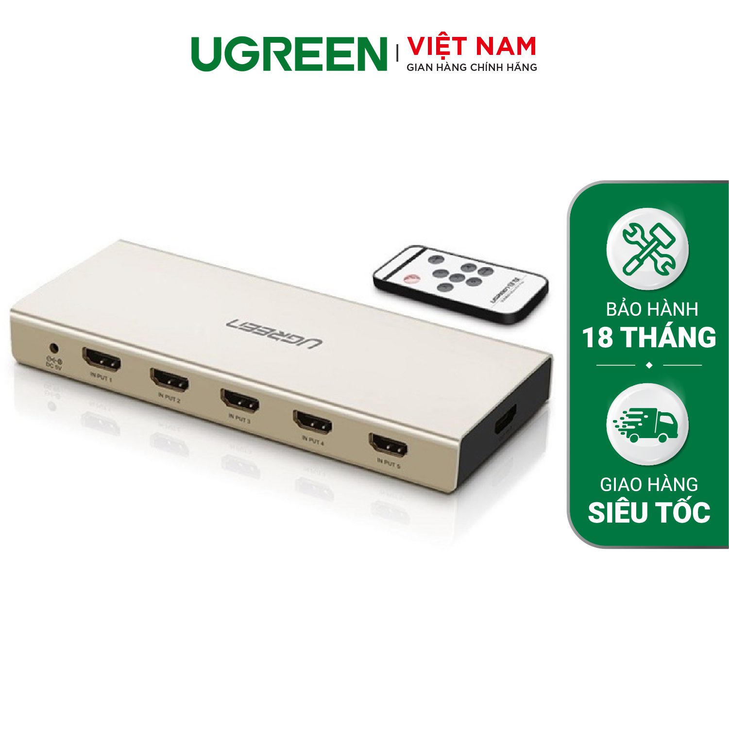 Bộ chuyển mạch HDMI UGREEN MM129 Chuyển 3 vào 1 và 5 vào 1 ra - Hỗ trợ độ phân giải 4K3D - Hỗ trợ Optical + Audio 3.5mm - 40526-3 vào 1 ra-chuẩn EU