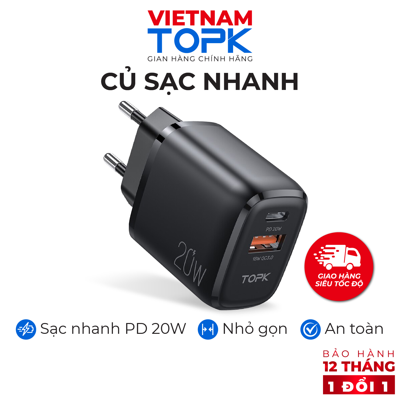 Củ sạc nhanh B210P Sạc nhanh PD QC 3.0 20W1 - 1 Cổng USB 2.0 + 1 Cổng Type C - Hãng chính hãng - Bảo hành 12 tháng