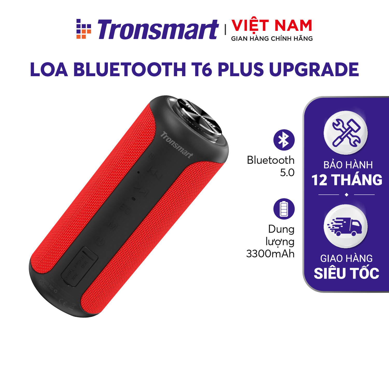 Loa Bluetooth 5.0 Tronsmart T6 Plus / T6 Plus Upgraded Công suất 40W Hỗ trợ TWS ghép đôi 2 loa - Âm thanh vòm âm bass sâu và trầm với 3 chế độ EQ - Kháng nước IPX6 Thời gian nghe nhạc lên tới 24h Hàng phân phối chính hãng