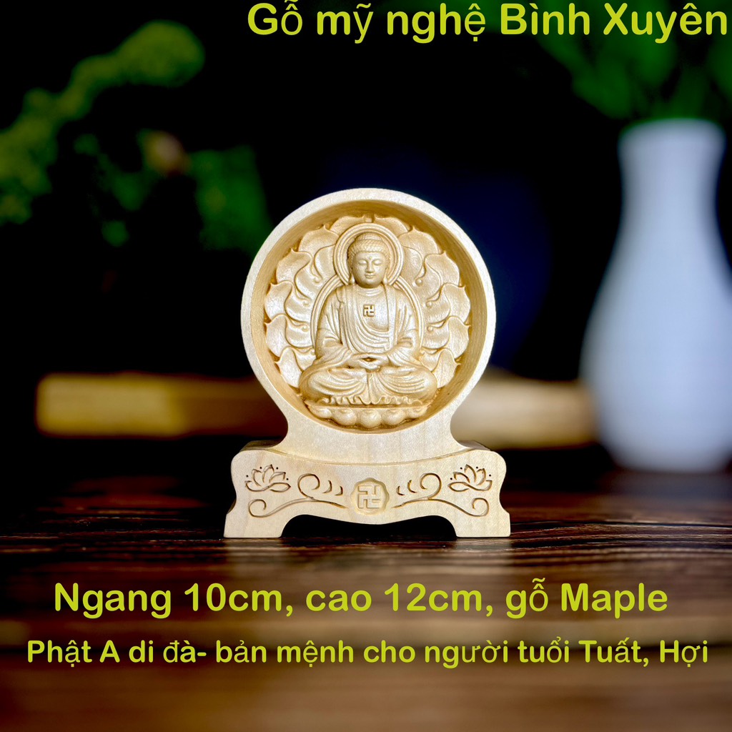 Tượng Phật A Di Đà - Bản mệnh cho người tuổi Tuất, Hợi, chạm 2 mặt giống nhau để ô tô, cao 12cm, gỗ Maple