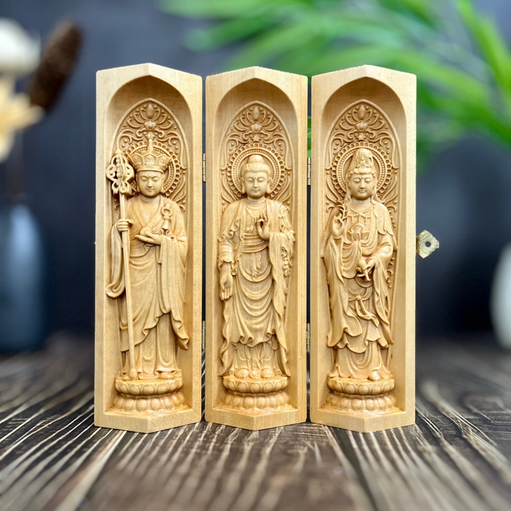 BỘ TƯỢNG ĐỊA TẠNG BỒ TÁT-PHẬT THÍCH CA-QUAN THẾ ÂM BỒ TÁT, CAO 20CM, GỖ BỒ ĐỀ