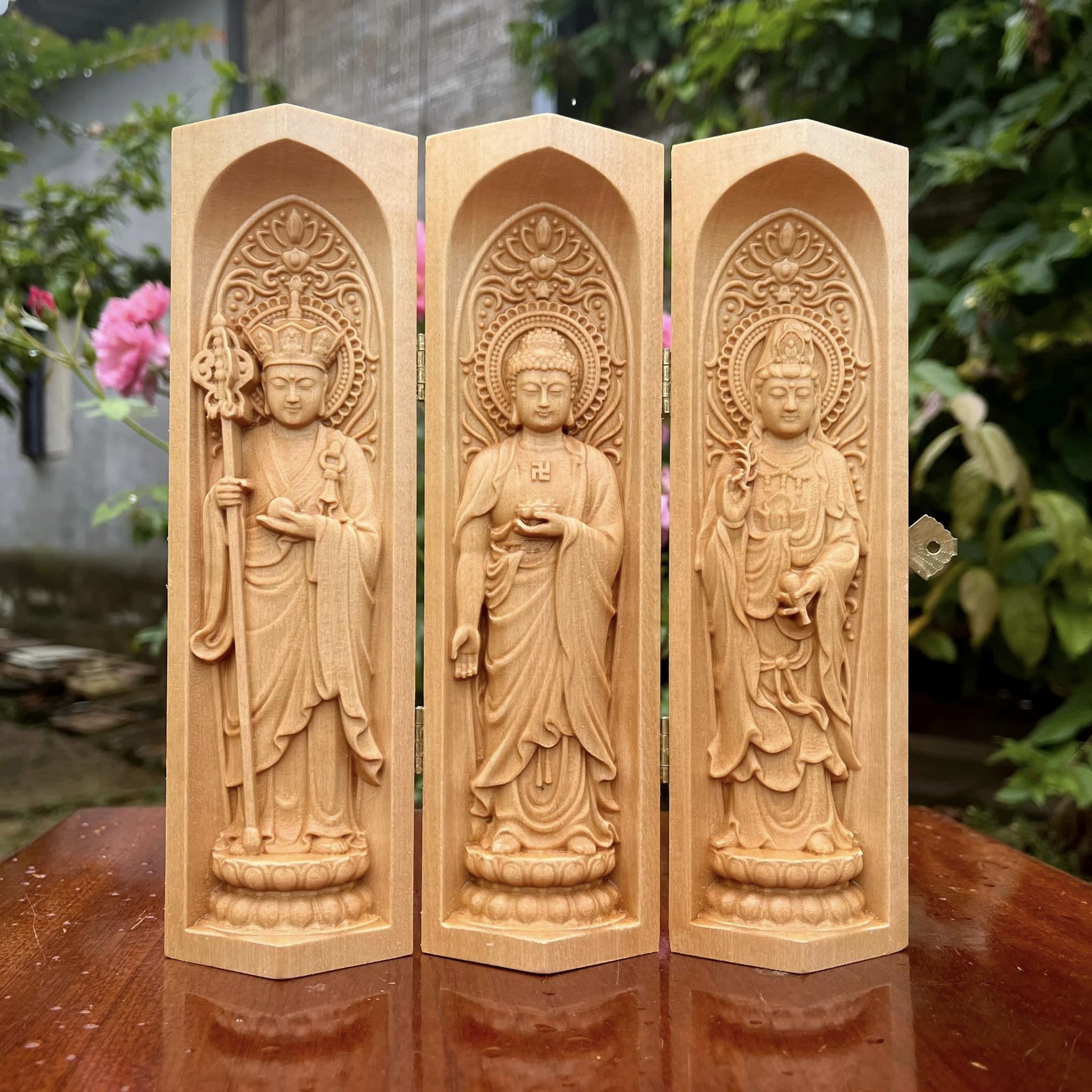 GỖ BỒ ĐỀ 20 CM : BỘ TƯỢNG CẦU AN ĐỊA TẠNG - ADIDA - QUAN ÂM