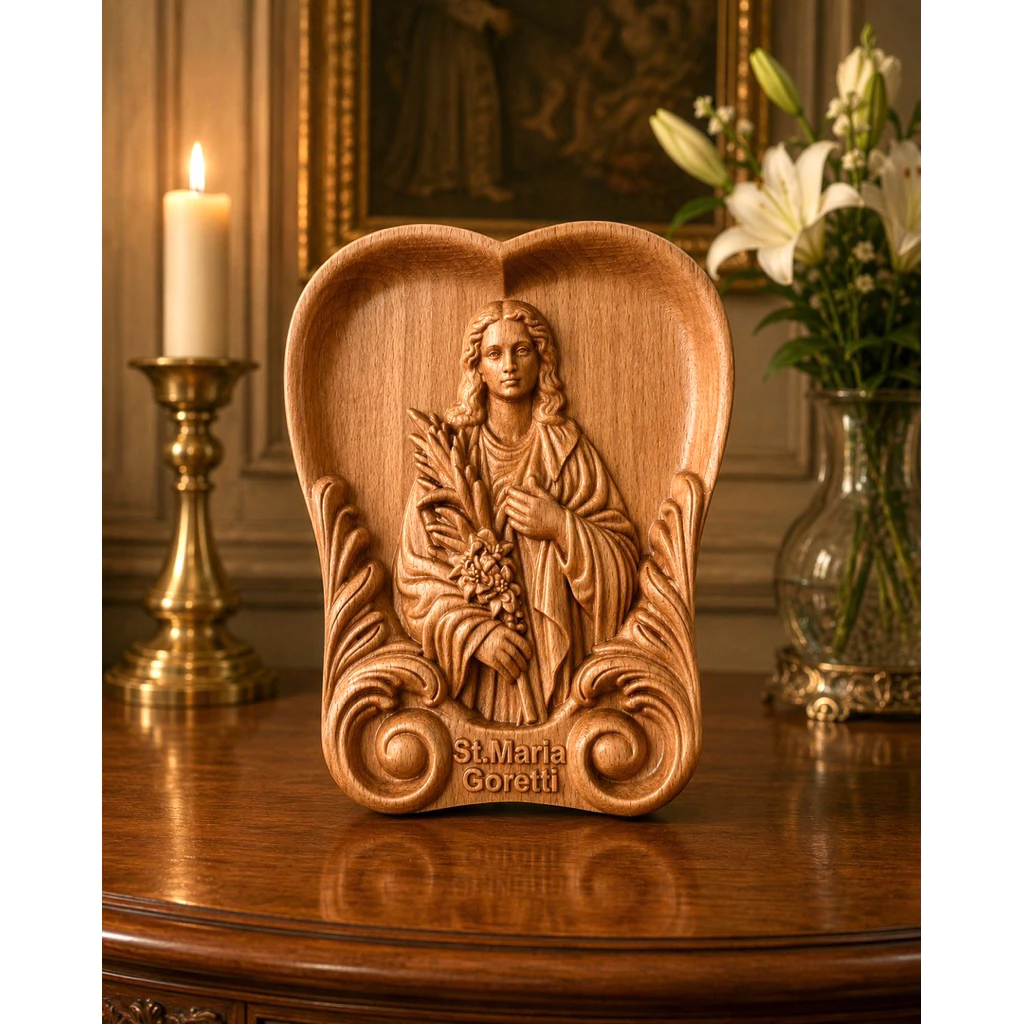 Phù điêu Thánh Maria Goretti, hình tim, để bàn, treo tường, gỗ Beech