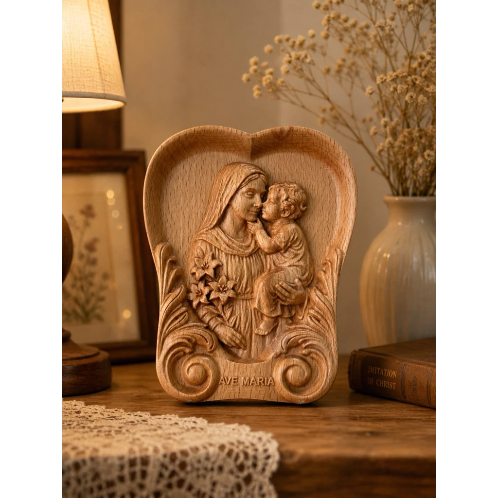 PHÙ ĐIÊU HÌNH TIM ĐỨC MẸ BẾ CHÚA, (Virgin Mary – Mother of God with the Child Jesus) GỖ BEECH