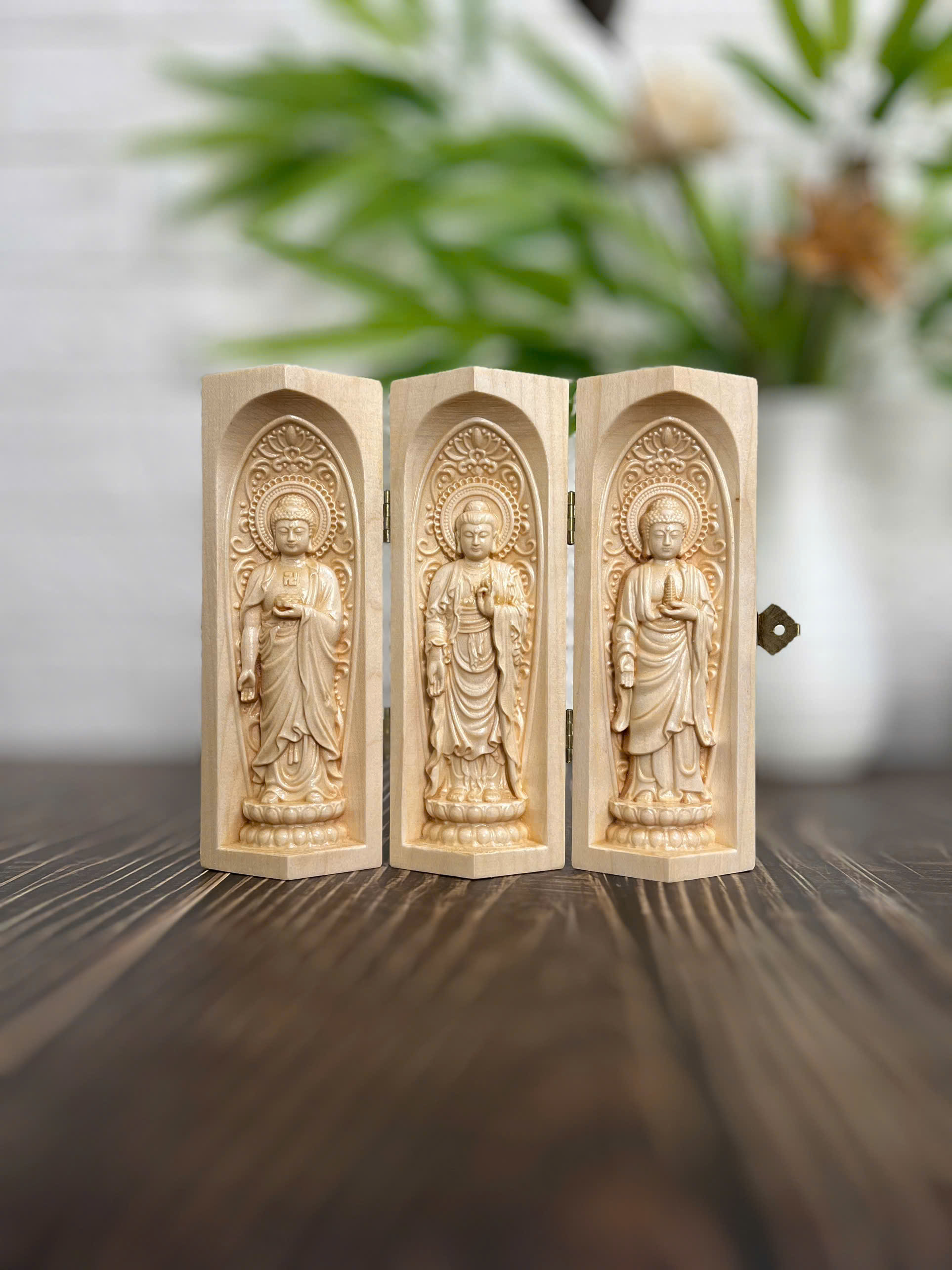 BỘ TƯỢNG HOÀNH TAM THÁNH : PHẬT A DI ĐÀ-PHẬT THÍCH CA-PHẬT DƯỢC SƯ CAO 15CM, GỖ MAPLE