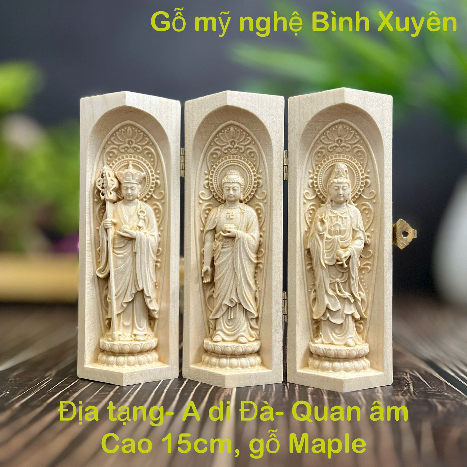 BỘ TƯỢNG ĐỊA TẠNG BỒ TÁT-PHẬT A DI ĐÀ-QUAN ÂM BỒ TÁT CAO 15CM, GỖ MAPLE