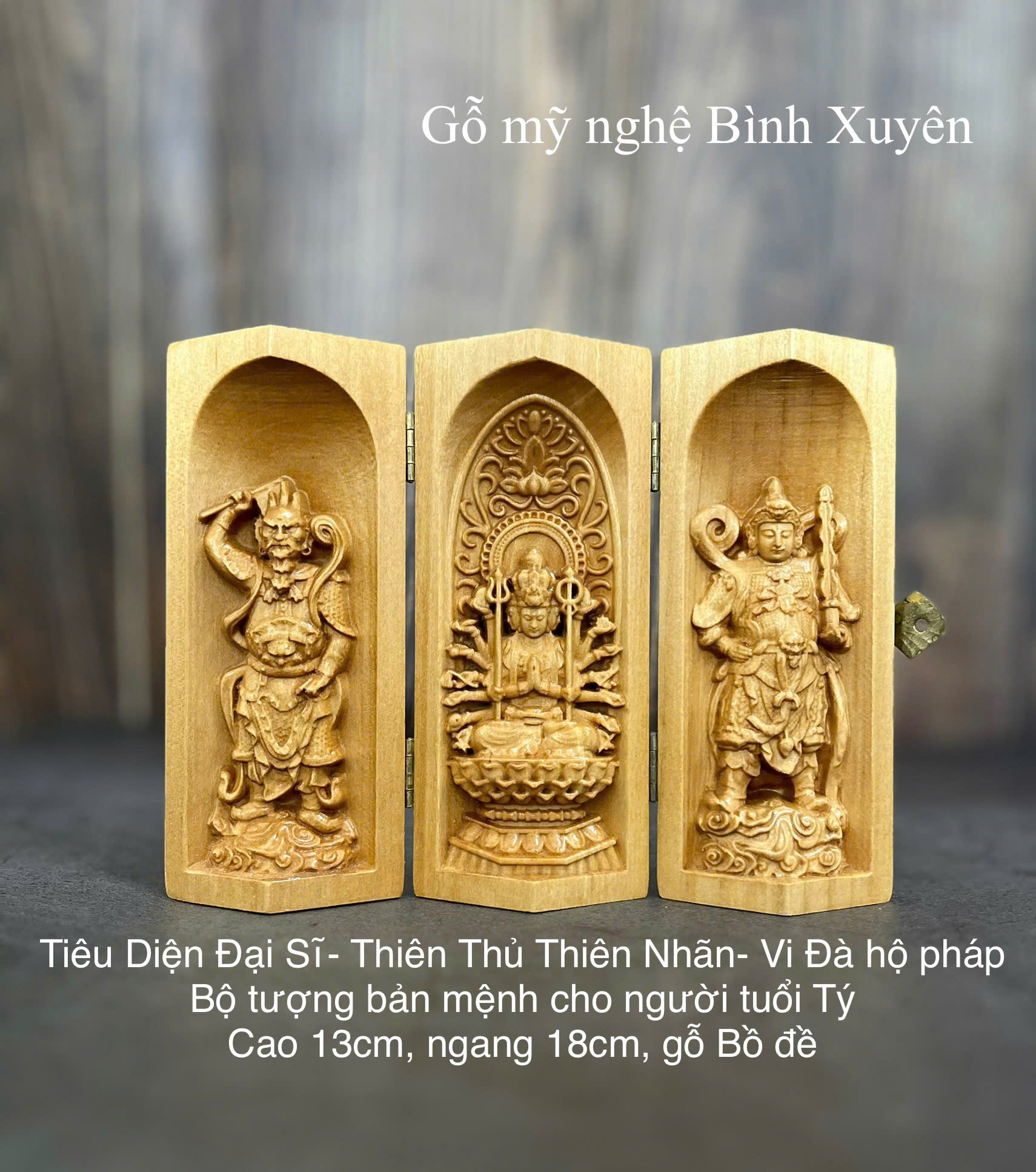 Bộ tượng Thiên Thủ Thiên Nhãn Bồ Tát - Bản mệnh cho người tuổi Tý, cao 13cm, gỗ Bồ Đề