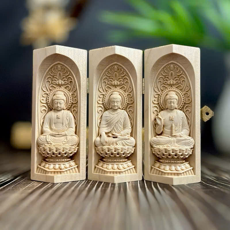 BỘ TƯỢNG PHẬT A DI ĐÀ-PHẬT THÍCH CA-PHẬT DƯỢC SƯ CAO 13CM, GỖ MAPLE