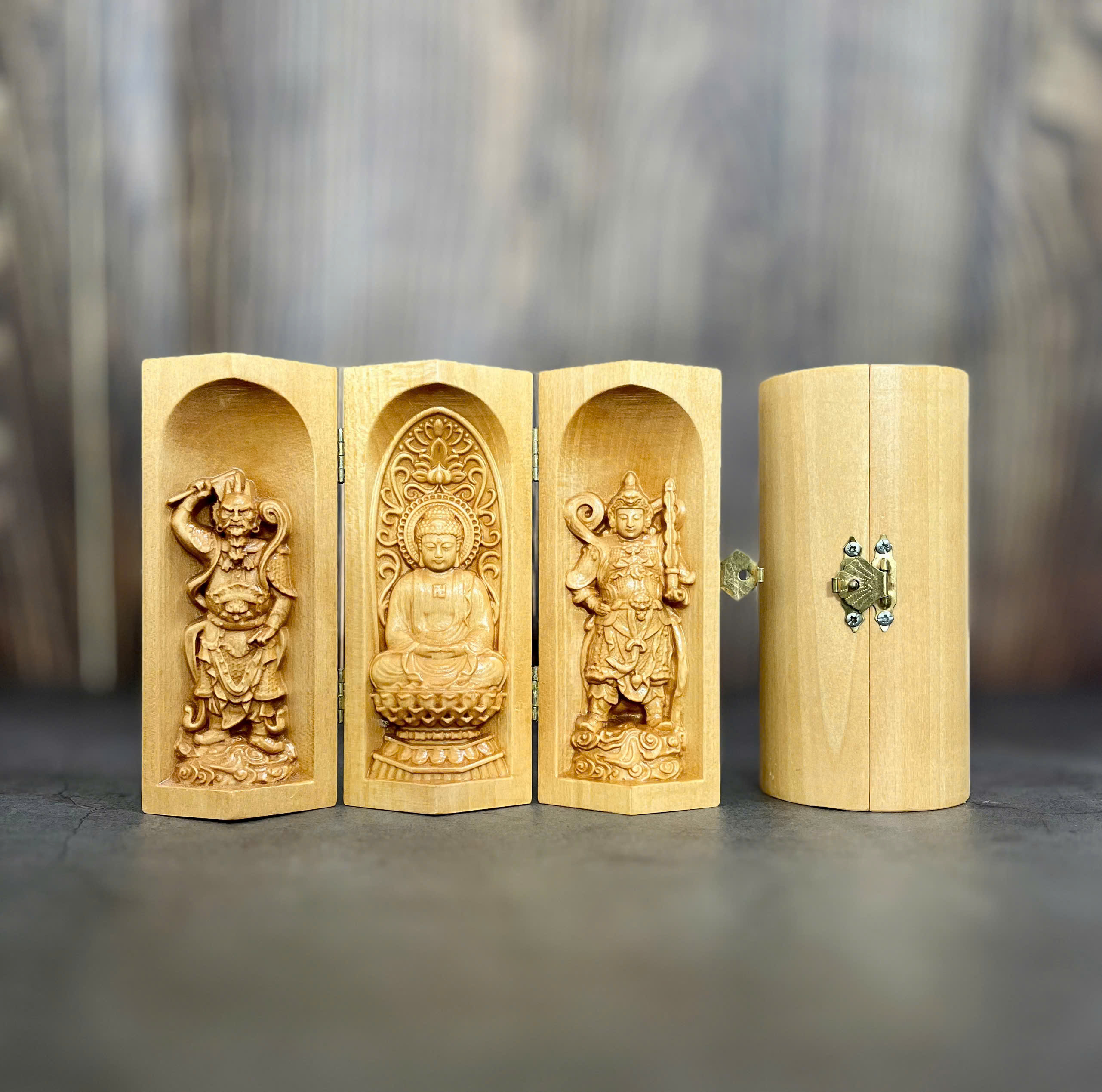 Bộ tượng Phật A Di Đà - Bản mệnh cho người tuổi Tuất, Hợi, cao 13cm, gỗ Bồ Đề