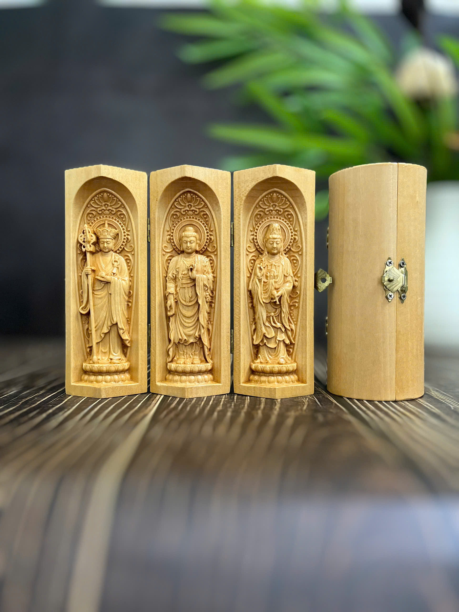 GỖ BỒ ĐỀ 15CM : BỘ TA BÀ TAM THÁNH ĐỊA TẠNG - THÍCH CA - QUAN ÂM