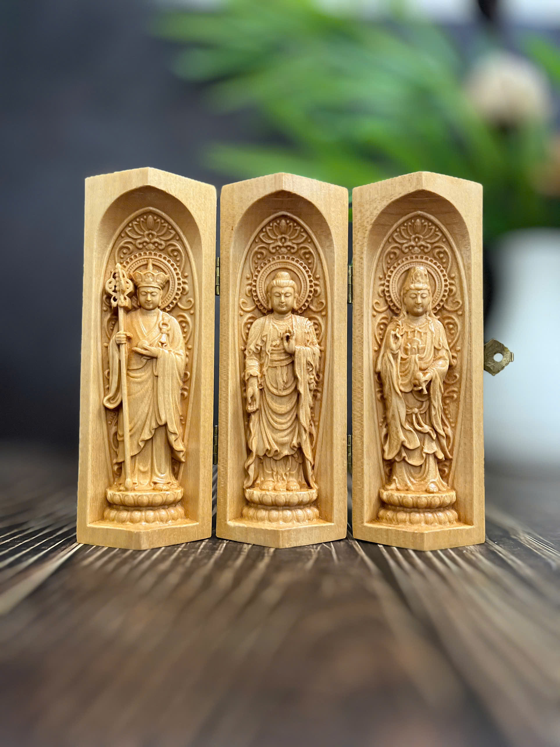 GỖ BỒ ĐỀ 15CM : BỘ TA BÀ TAM THÁNH ĐỊA TẠNG - THÍCH CA - QUAN ÂM