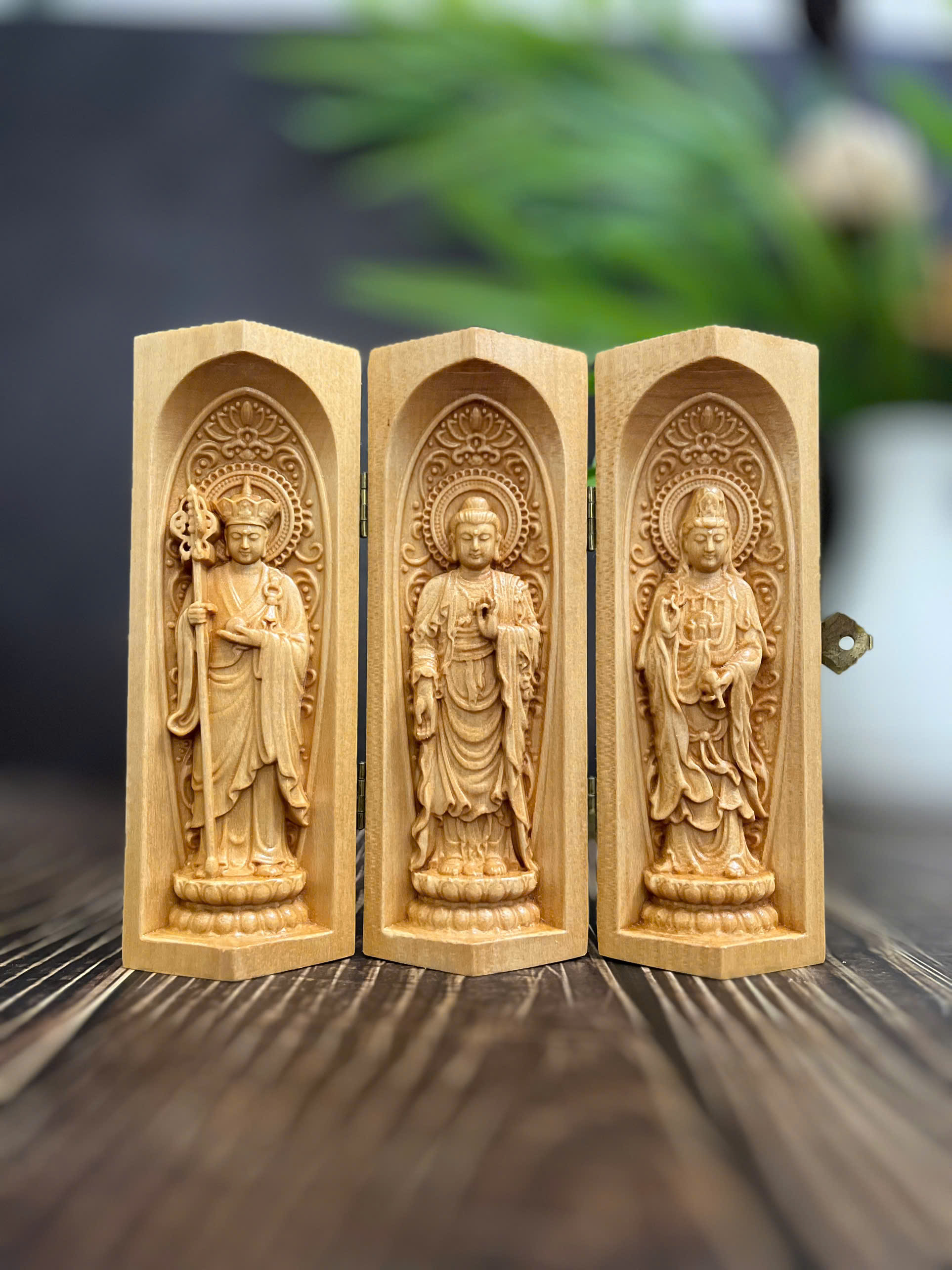 GỖ BỒ ĐỀ 15CM : BỘ TA BÀ TAM THÁNH ĐỊA TẠNG - THÍCH CA - QUAN ÂM