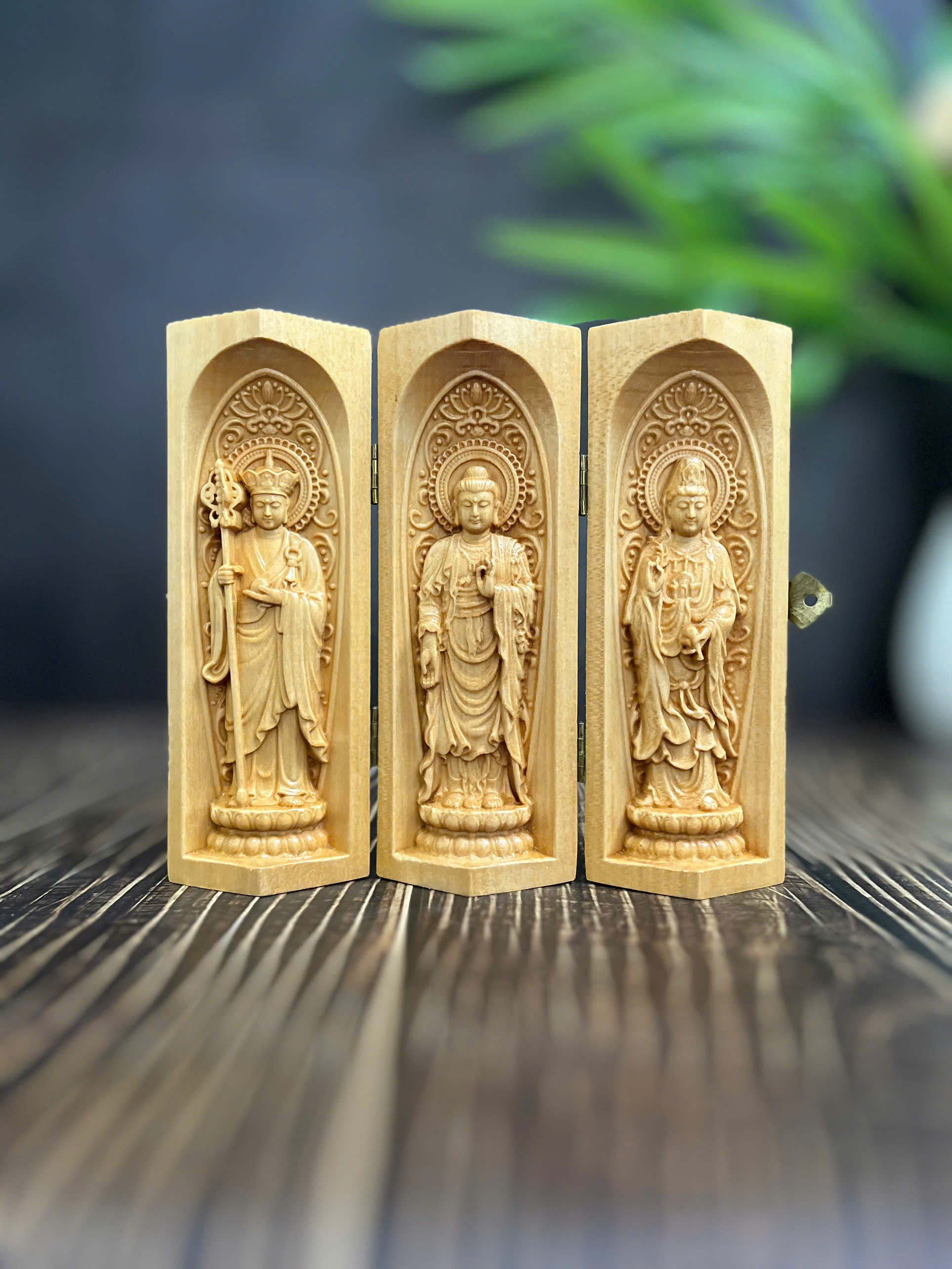 GỖ BỒ ĐỀ 15CM : BỘ TA BÀ TAM THÁNH ĐỊA TẠNG - THÍCH CA - QUAN ÂM