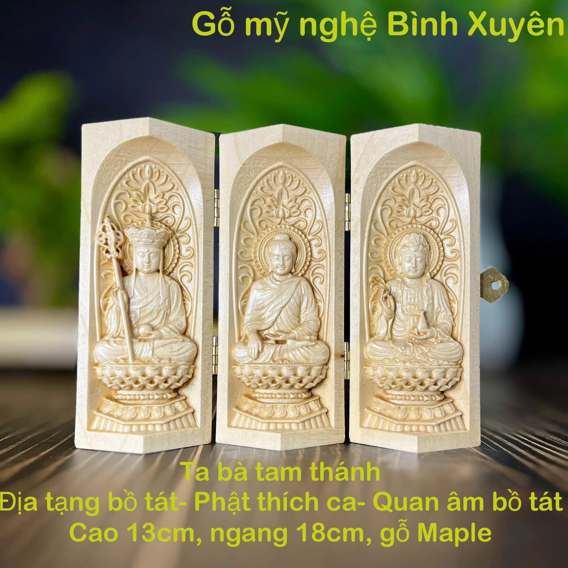 BỘ TƯỢNG ĐỊA TẠNG BỒ TÁT-PHẬT THÍCH CA-QUAN ÂM BỒ TÁT CAO 13CM, GỖ MAPLE