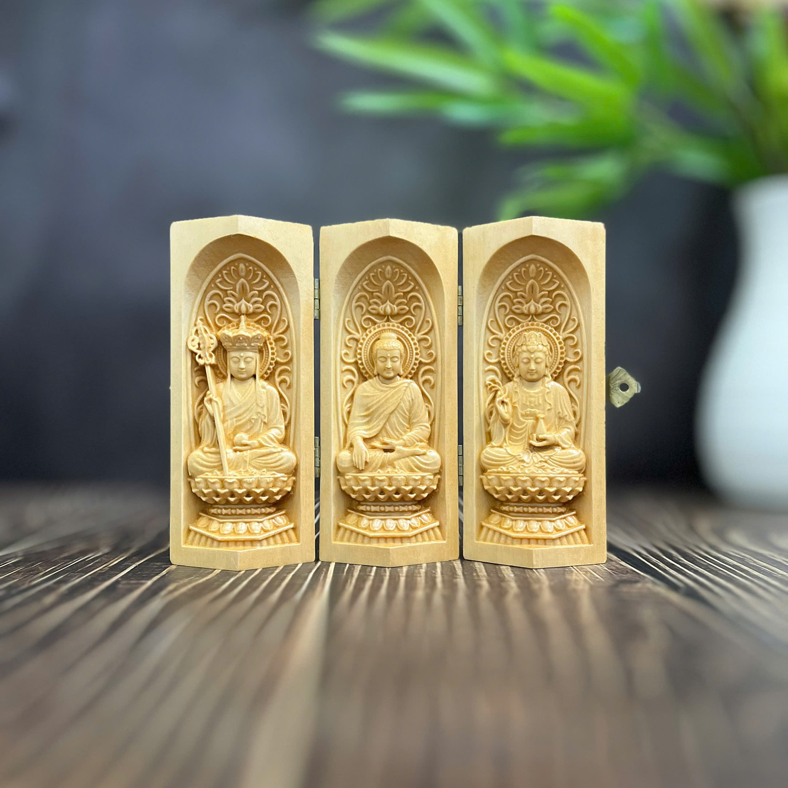 BỘ TƯỢNG ĐỊA TẠNG BỒ TÁT-PHẬT THÍCH CA-QUAN ÂM BỒ TÁT CAO 13CM, GỖ BỒ ĐỀ