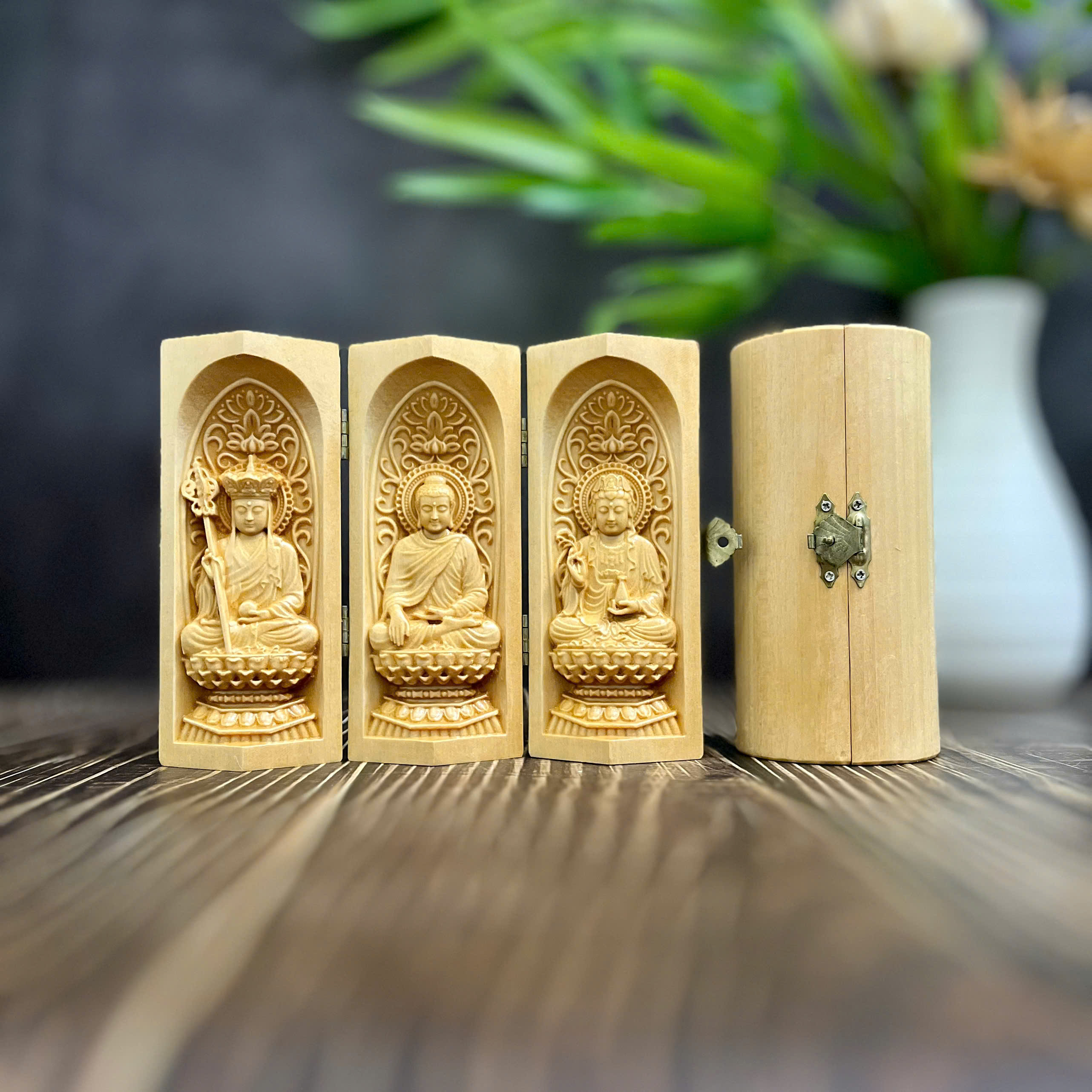 BỘ TƯỢNG ĐỊA TẠNG BỒ TÁT-PHẬT THÍCH CA-QUAN ÂM BỒ TÁT CAO 13CM, GỖ BỒ ĐỀ