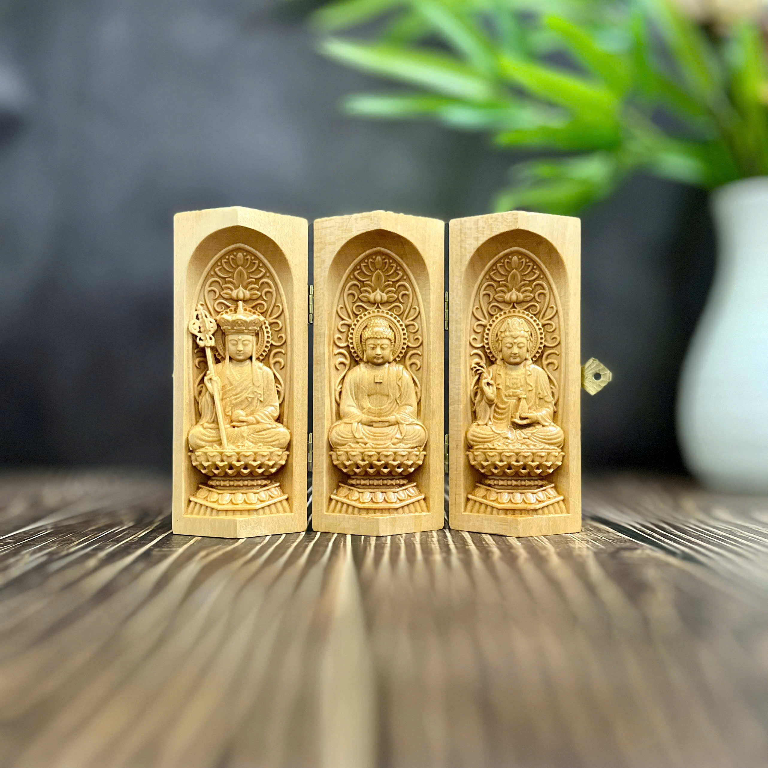 BỘ TƯỢNG ĐỊA TẠNG-PHẬT A DI ĐÀ-QUAN THẾ ÂM BỒ TÁT CAO 13CM, GỖ BỒ ĐỀ